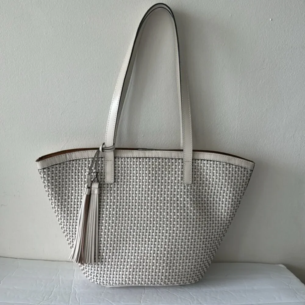 Patricia Nash Marconia Tote Woven Leather Latte Dark White Handbag - Picture 5 of 16